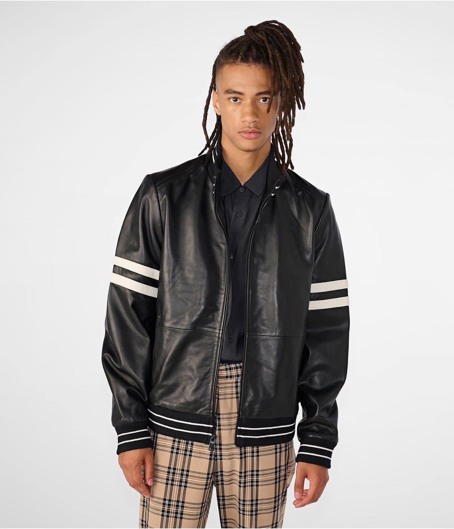 Men's Leather Bomber Jacket In Black With Stripes