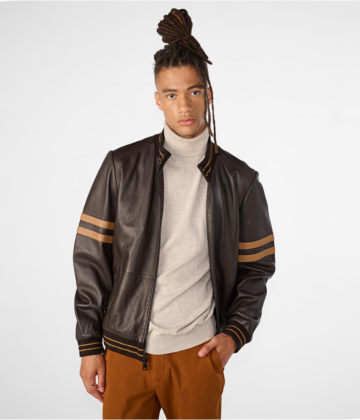 Men's Leather Bomber Jacket In Dark Brown With Straps