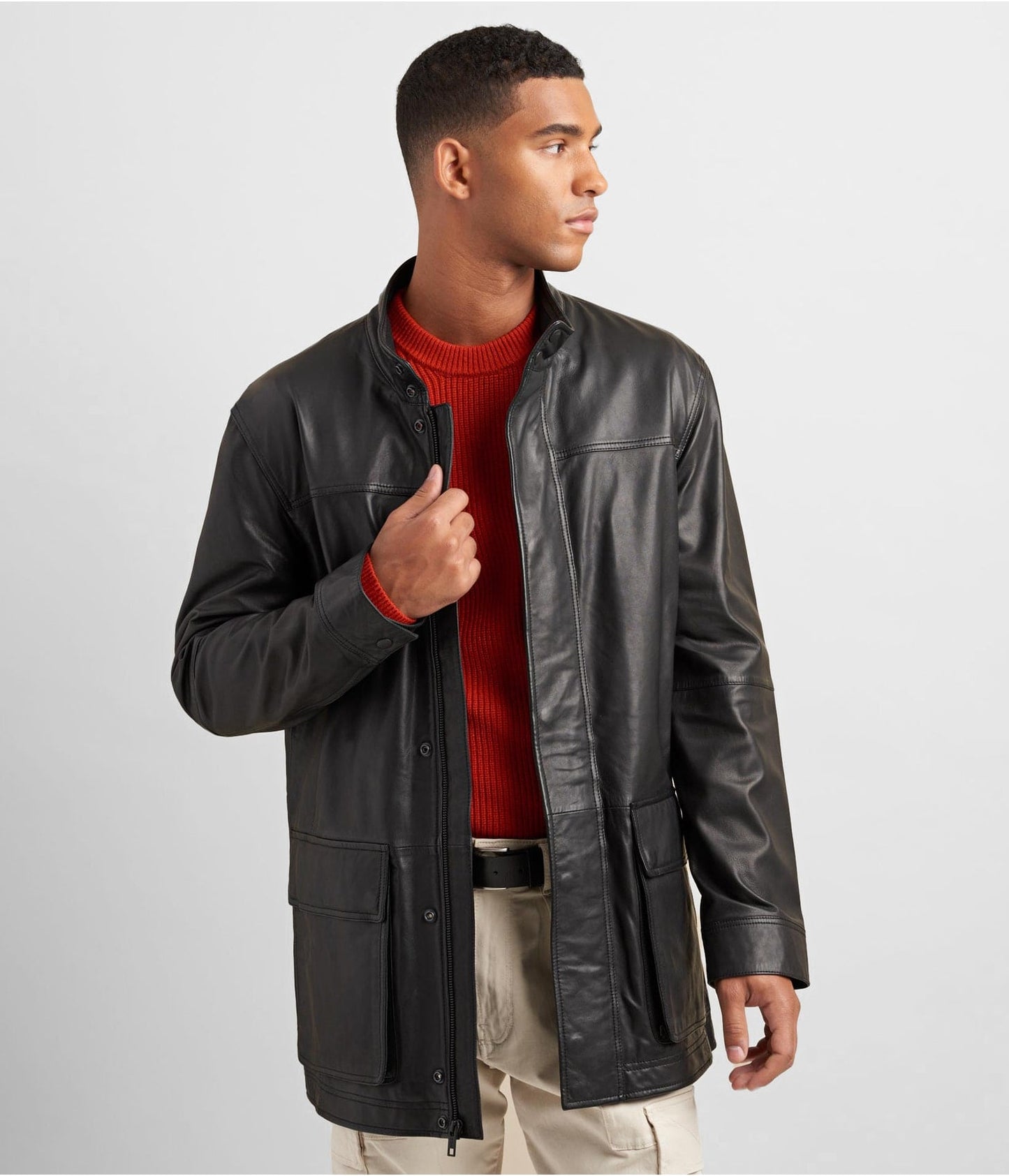 Men's Leather Coat In Black With Patch Pockets