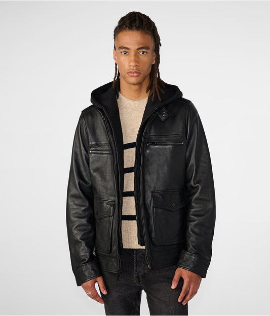 Men's Leather Harrington Moto Jacket In Black