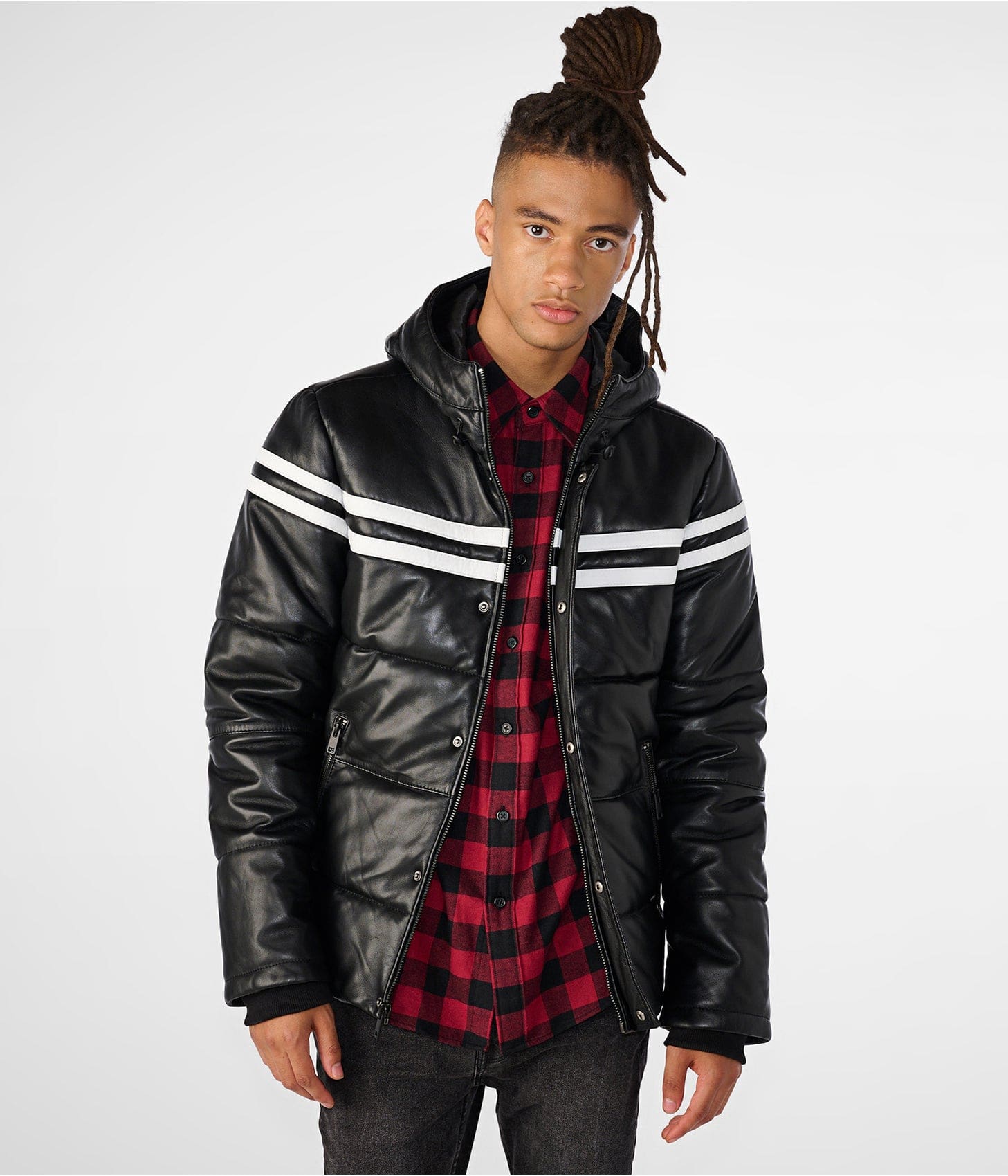 Men's Leather Hooded Puffer Jacket In Black
