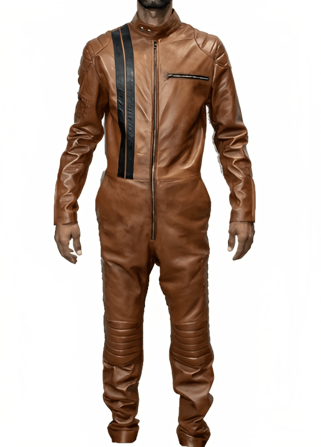 Men's Biker Leather Jumpsuit In Brown