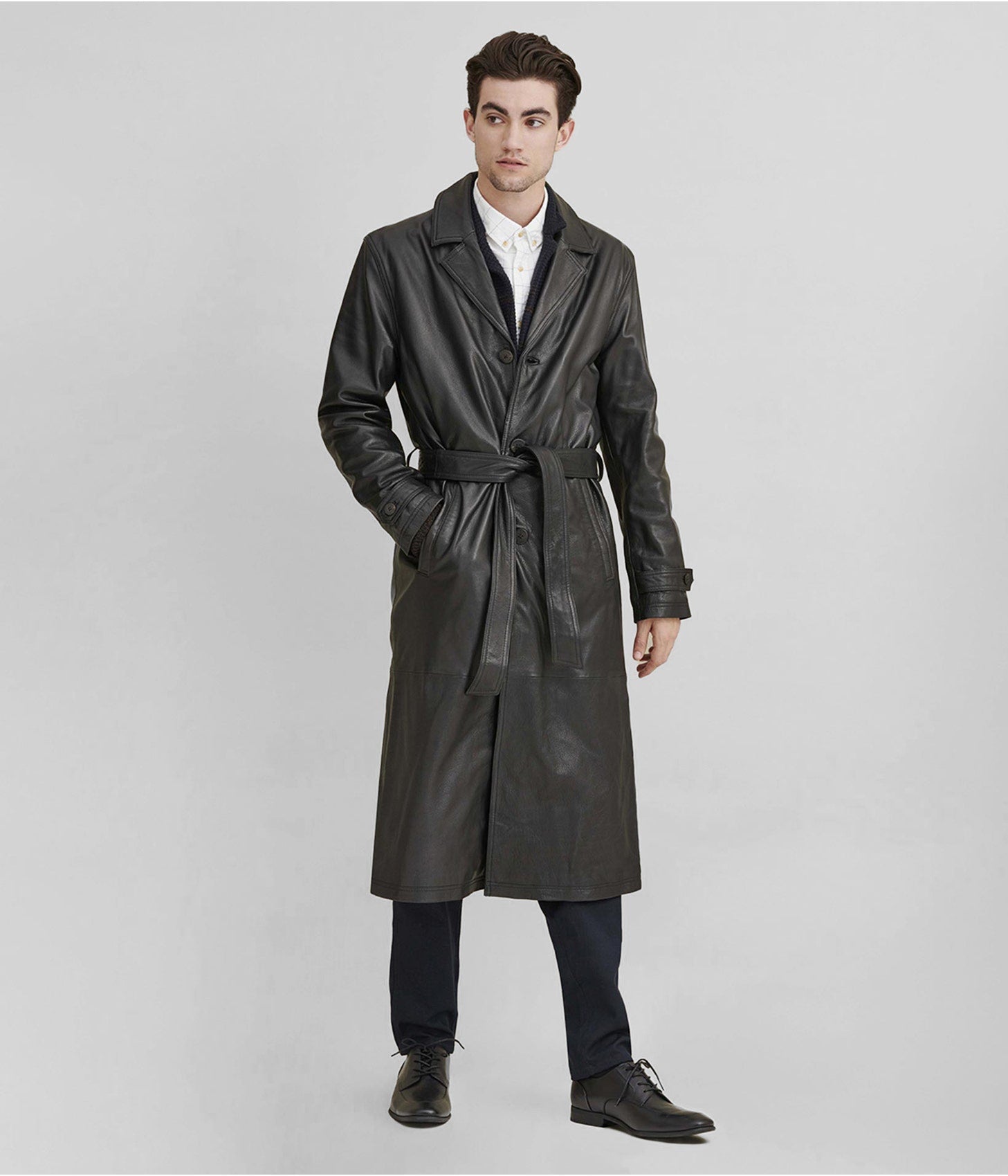 Men's Leather Trench Coat In Black With Belt