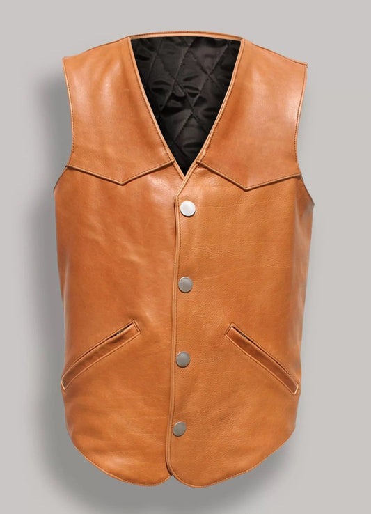 Men's Leather Vest In Camel Brown
