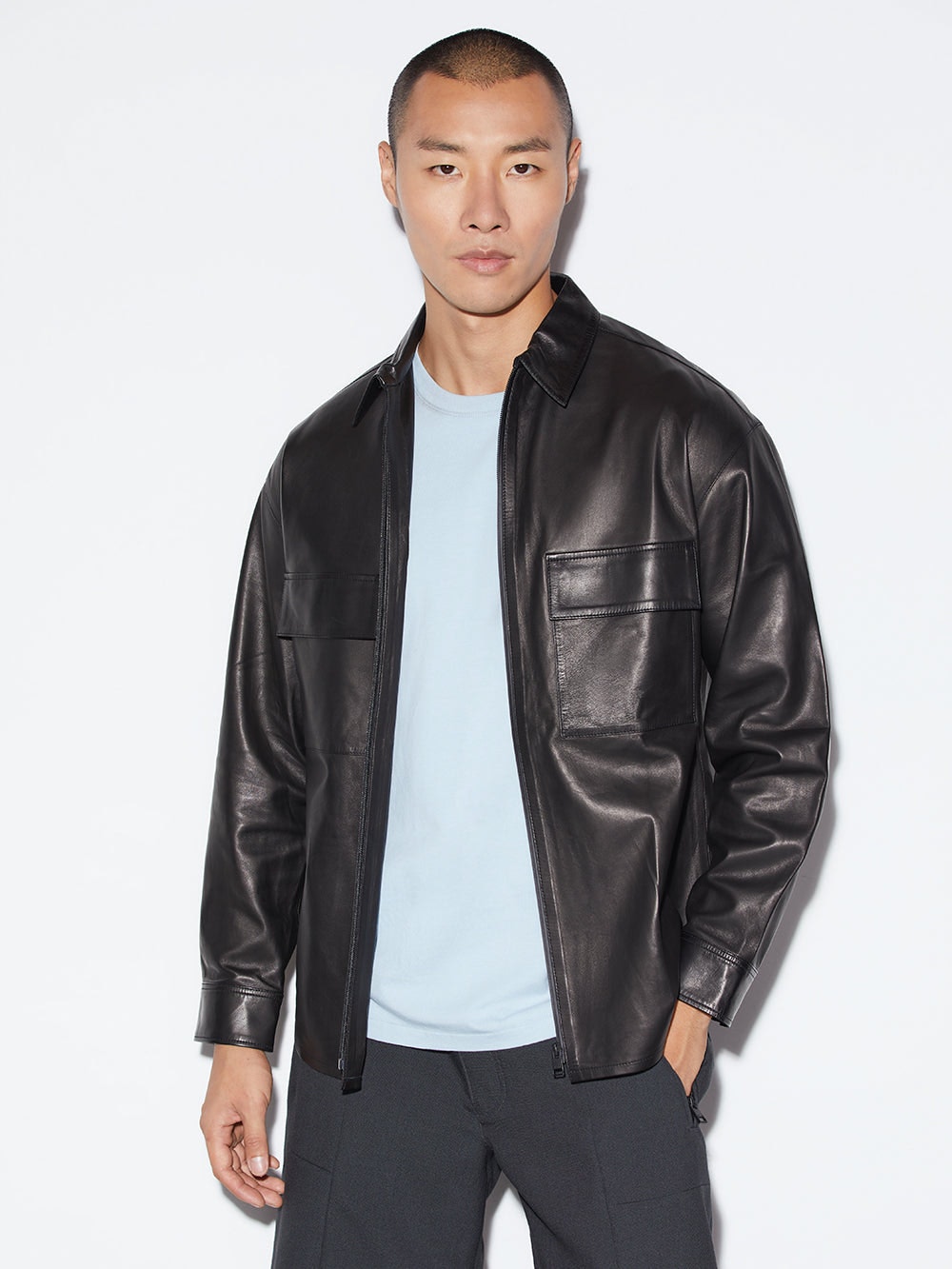Men's Long Sleeve Leather Shirt In Black