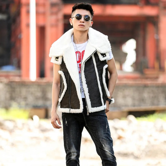 Men's Shearling Leather Jacket In Black With Crackle Texture