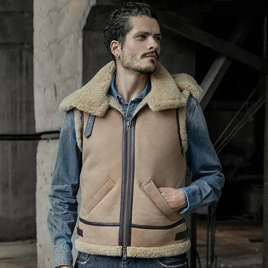 Men's Shearling Leather Vest In Beige With Removable Hood