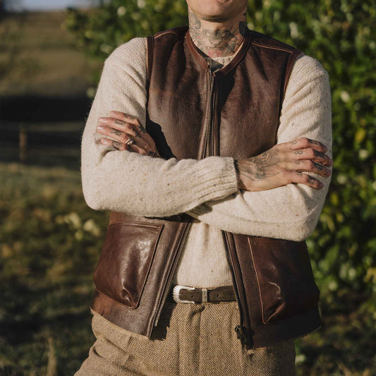 Men's Shearling Leather Vest In Chocolate Brown With Crackle Texture