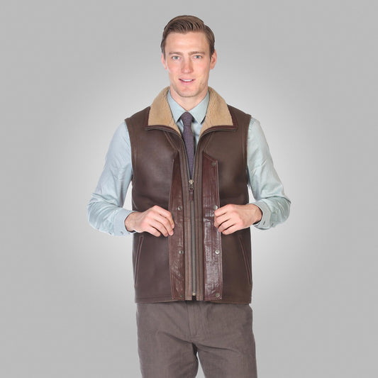 Men's Shearling Leather Vest In Chocolate Brown