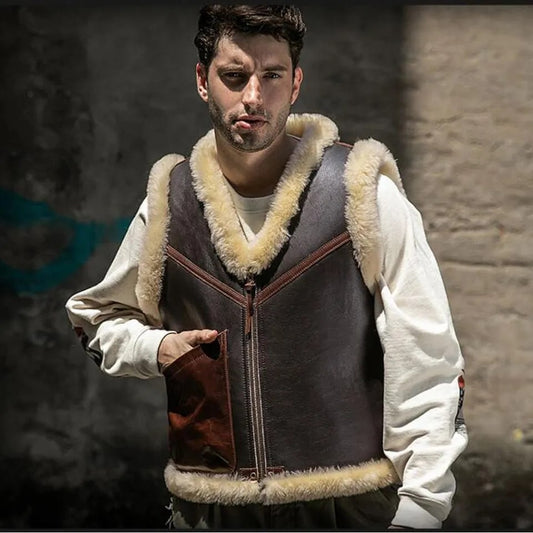 Men's Shearling Leather Vest In Dark Brown