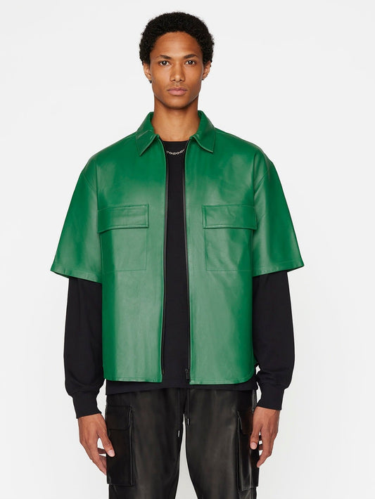 Men's Short Sleeve Leather Shirt In Dark Green