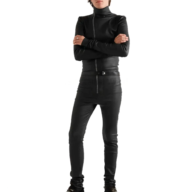 Men's Slim Fit Leather Jumpsuit In Black