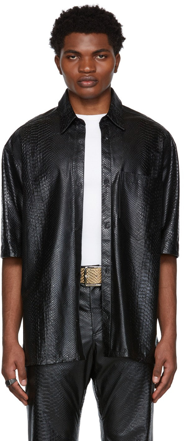 Men's Snake Print Leather Shirt In Black