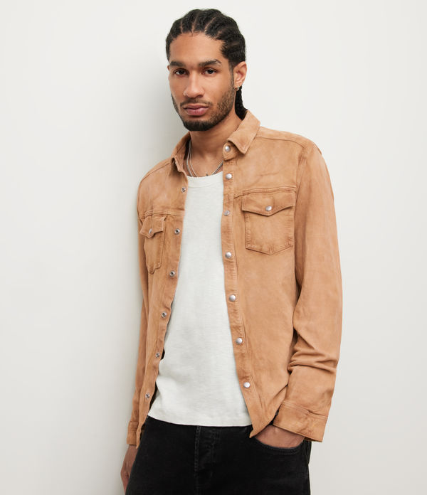 Men's Suede Leather Shirt In Beige Brown