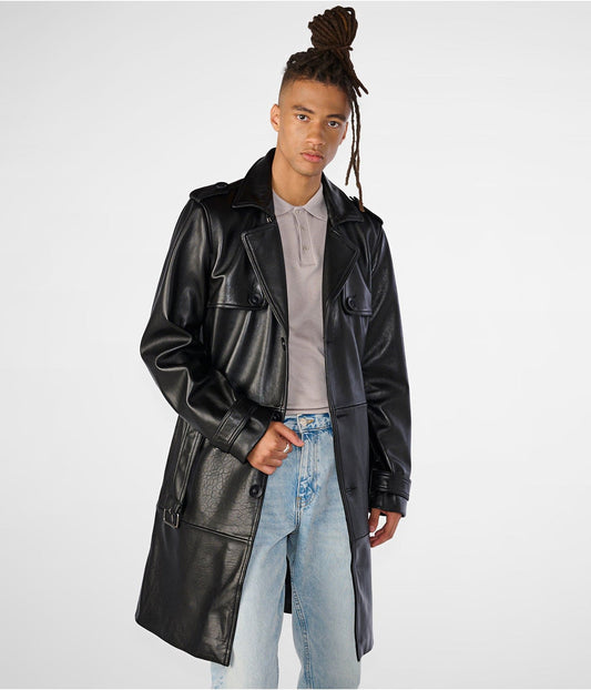 Men's Trench Leather Coat In Black With Belt
