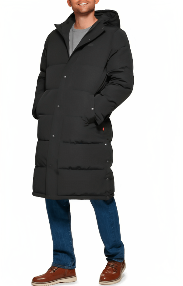Men's Trench Puffer Coat In Black With Hood