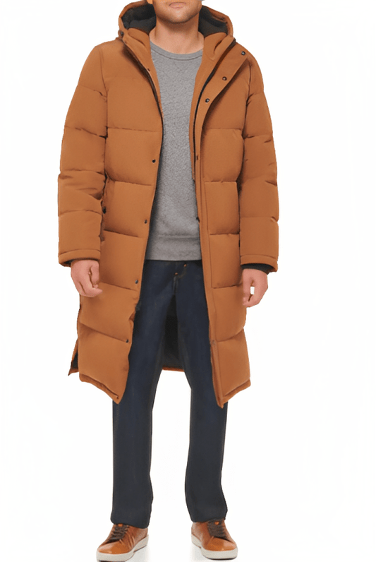 Men's Trench Puffer Coat In Tan With Hood