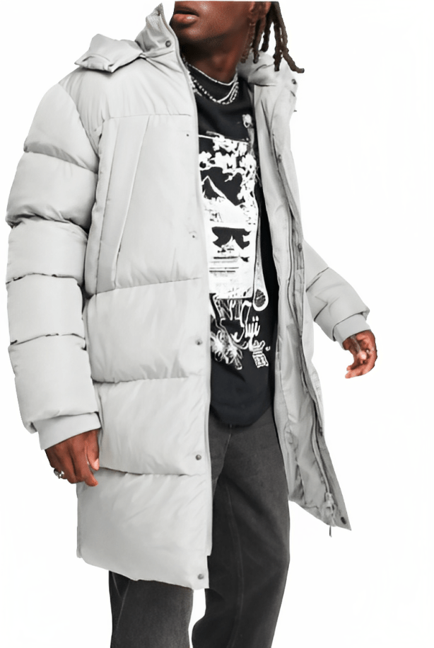Men's Trench Puffer Coat In White With Removable Hood