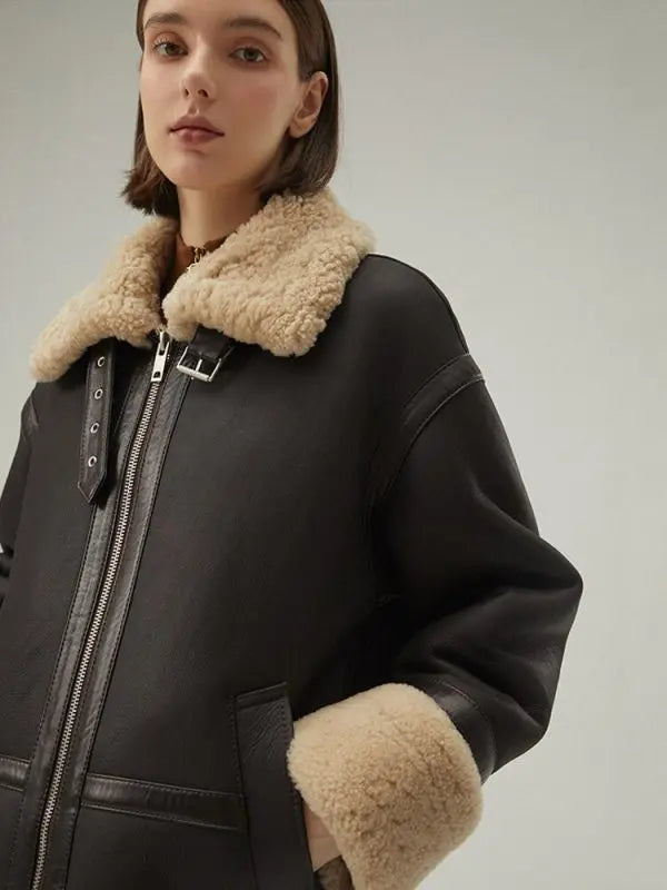 Women's Brown Shearling Leather Jacket In Matte Black