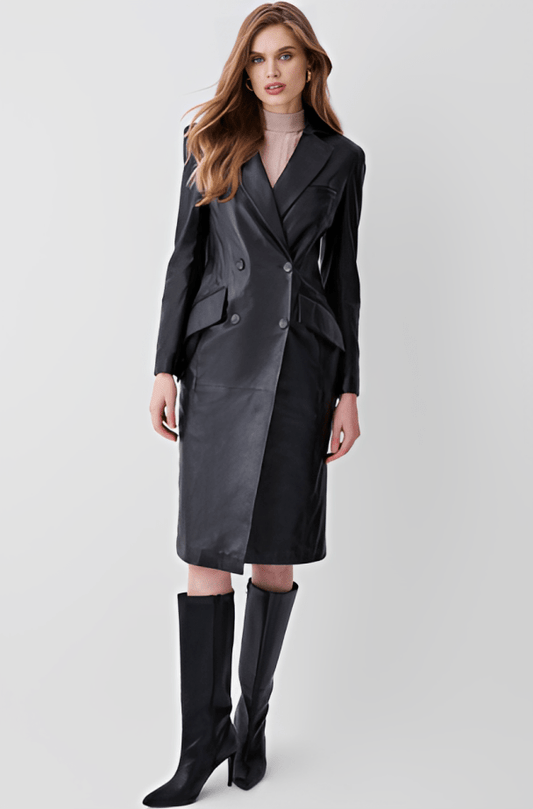Women's Formal Leather Trench Coat In Black