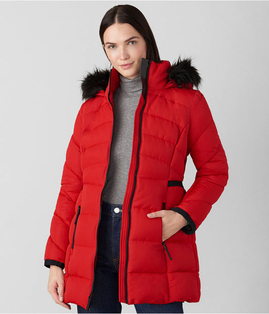 Women's Fur Hooded Puffer Coat In Red