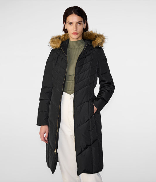 Women's Fur Hooded Puffer Trench Coat In Black