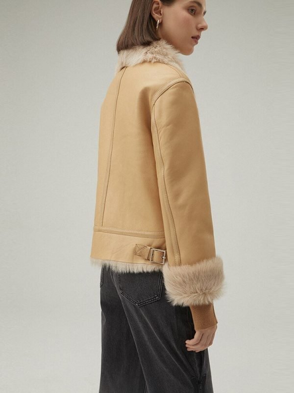 Women's Leather Biker Jacket In Beige