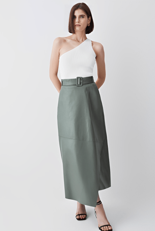 Women's Leather Maxi Skirt In Khaki