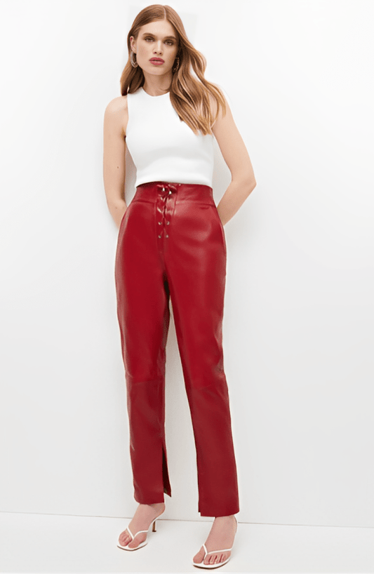 Women's Leather Pant In Red With Tie Waist