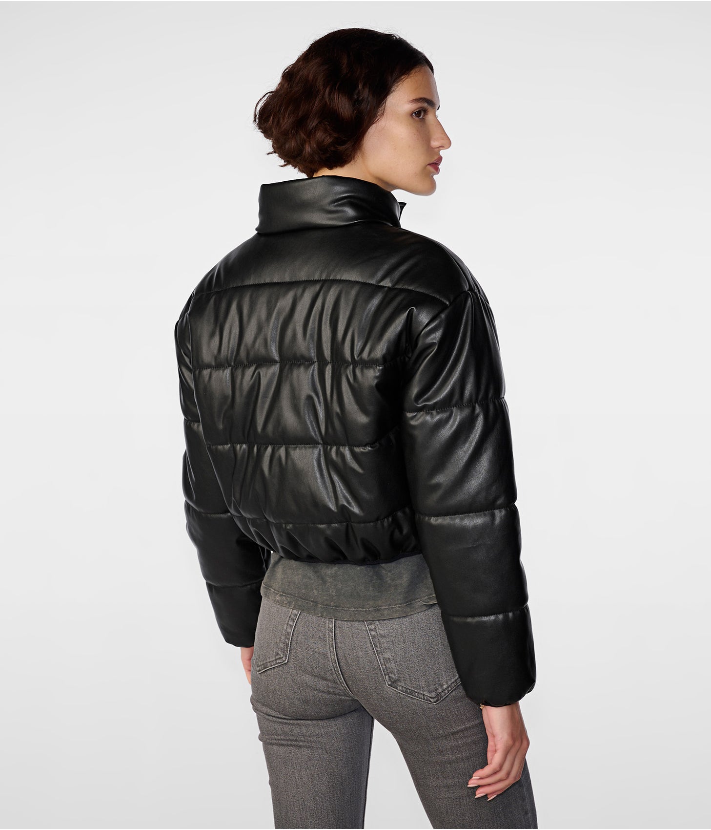Women's Leather Puffer Jacket In Black