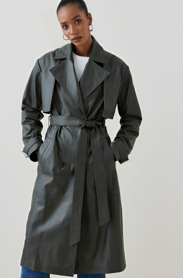 Women's Leather Trench Coat In Olive