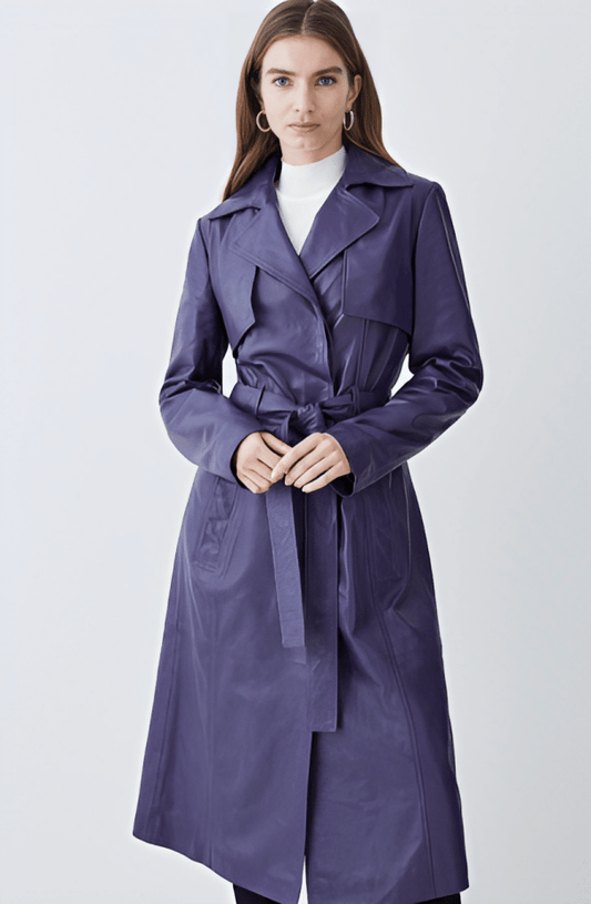 Women's Leather Trench Coat In Royal Blue