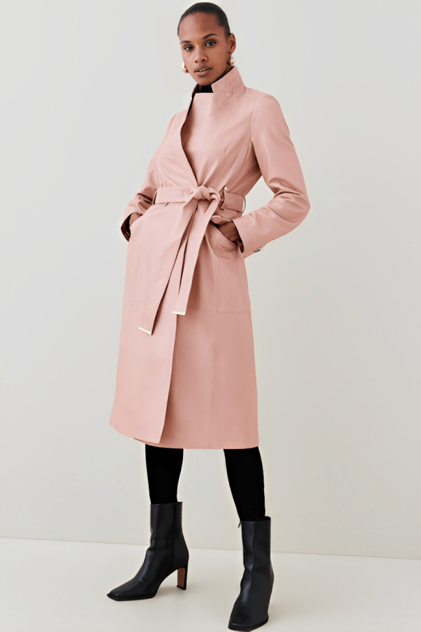 Women's Leather Trench Coat In Tea Pink Arcane Fox