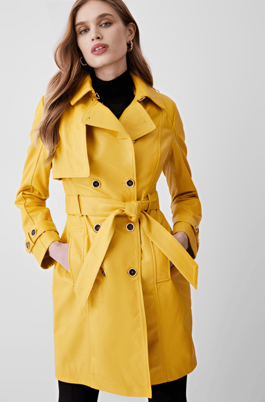 Women's Leather Trench Coat In Mustard