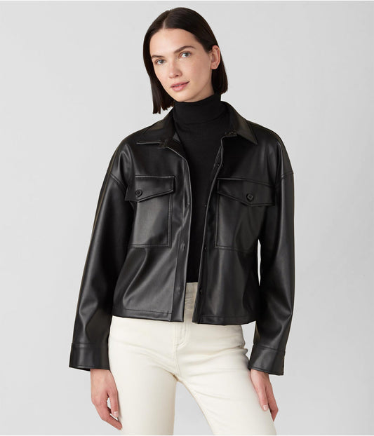 Women's Leather Trucker Jacket In Black
