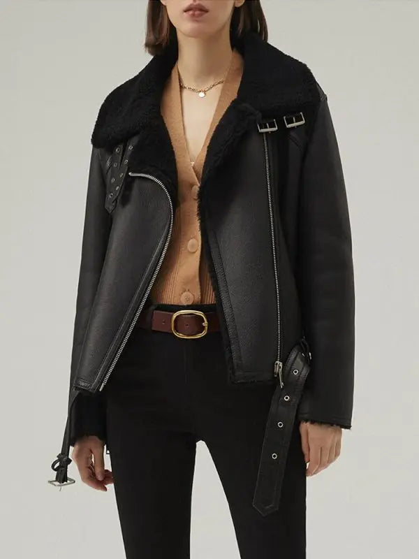 Women's Matte Black Shearling Leather Jacket