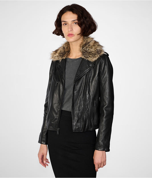 Women's Leather Biker Jacket In Black With Removable Fur Collar