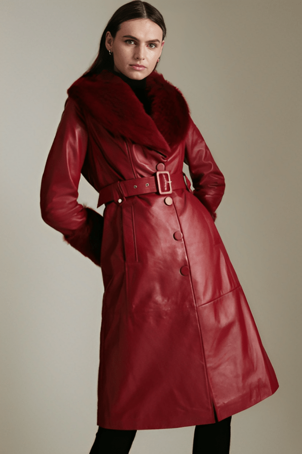 Red leather sales coat with fur