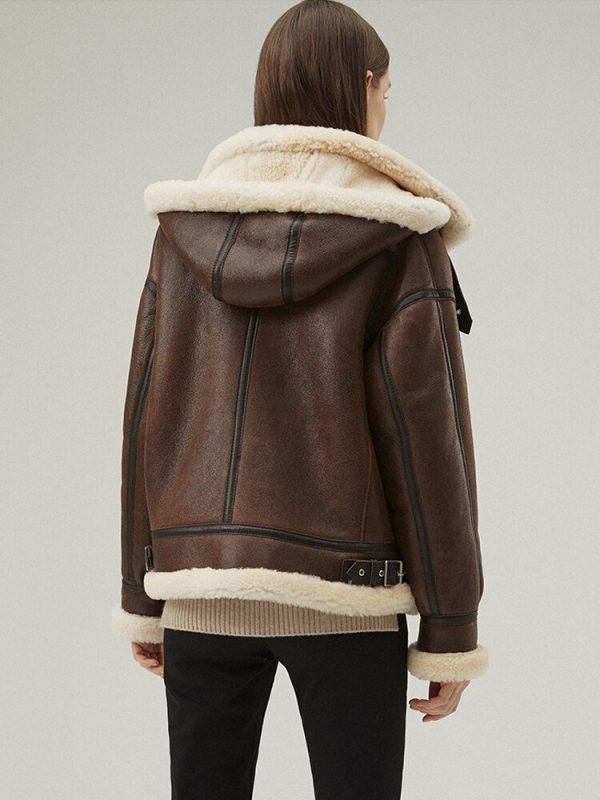 Women's Shearling Leather Jacket In Dark Brown With Removable Hood