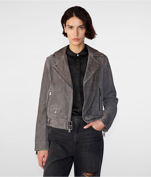 Women's Gray Suede Leather Biker Jacket