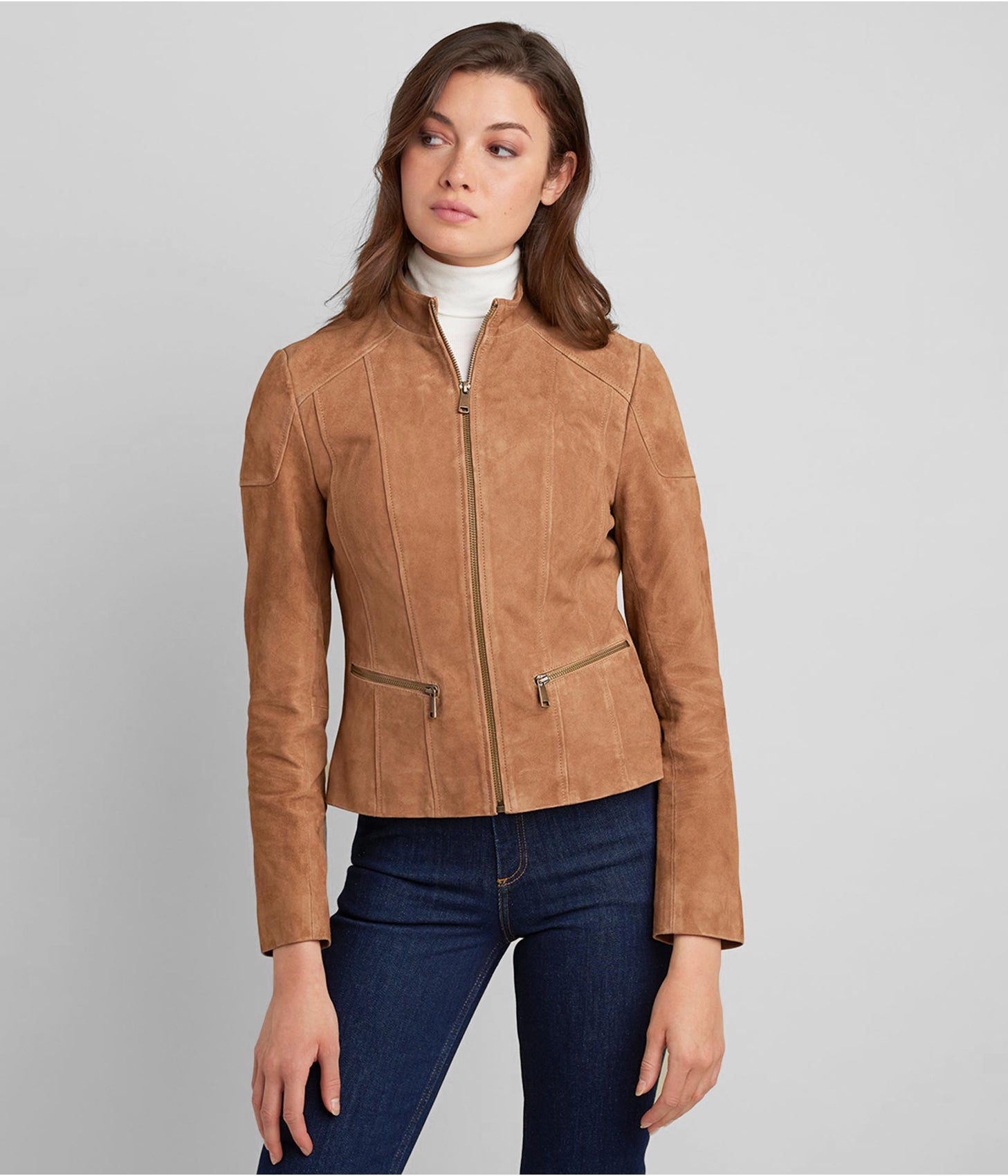 Women's Suede Leather Biker Jacket In Tan Brown