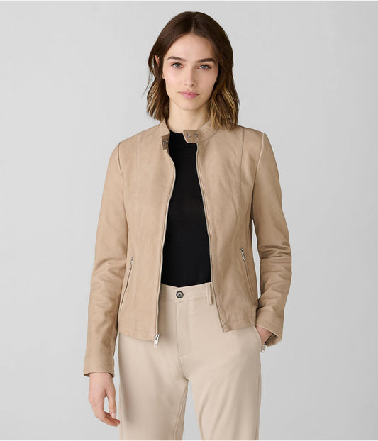 Women's Suede Leather Moto Jacket In Beige