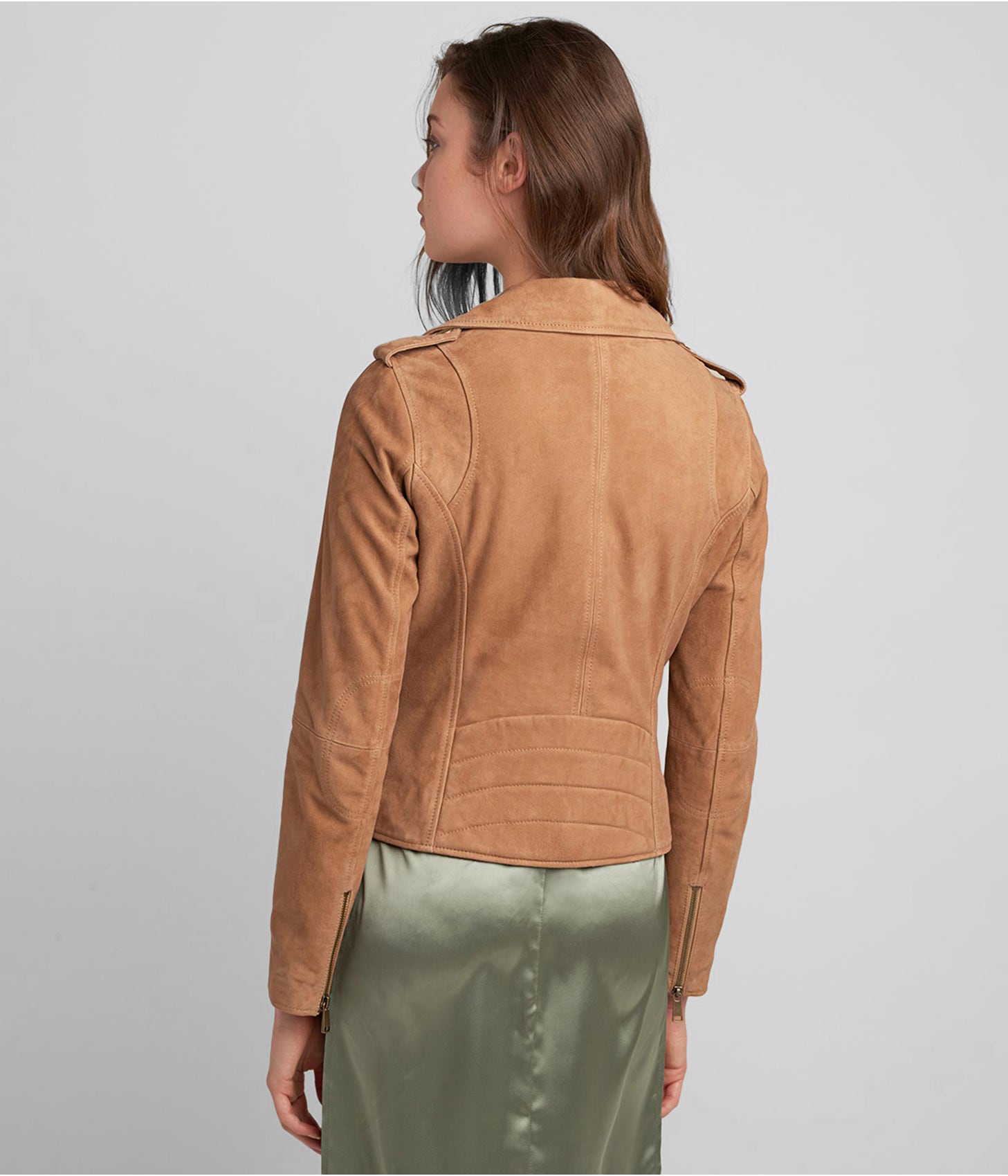 Women's Suede Leather Moto Jacket In Tan Brown