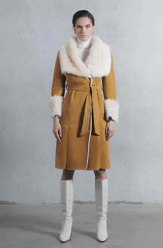 Women's Suede Leather Shearling Coat In Golden Brown