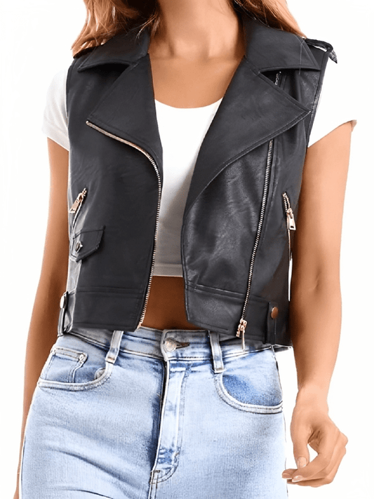 Women's Black Leather Biker Vest