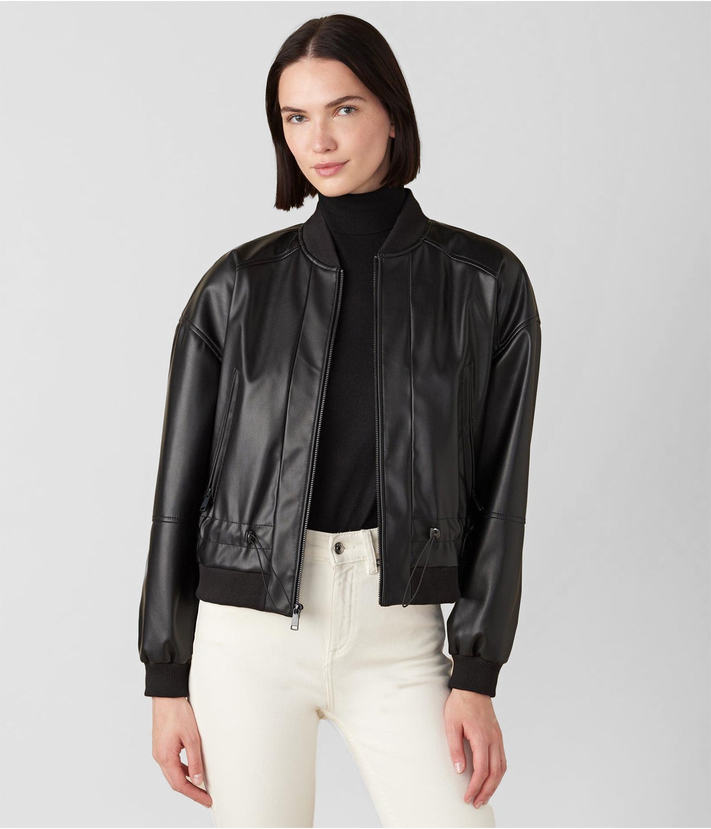 Women's Leather Bomber Jacket In Black