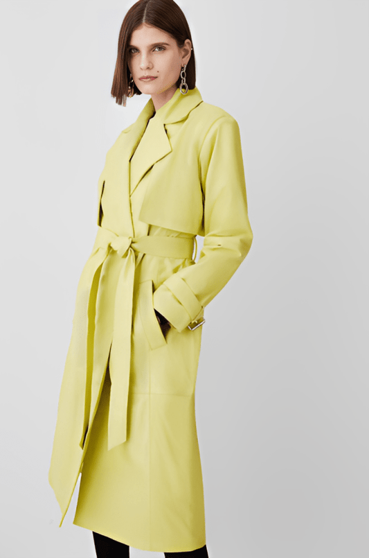 Women's Leather Trench Coat In Yellow