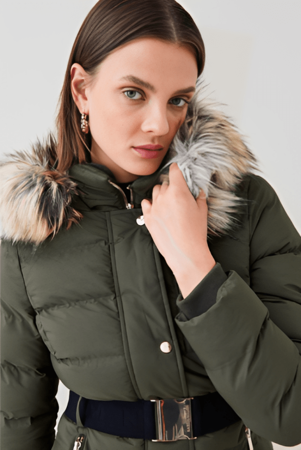 Women's Belted Puffer Jacket In Khaki With Fur Hood