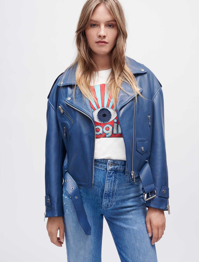 Women's Biker Leather Jacket In Blue With Belt