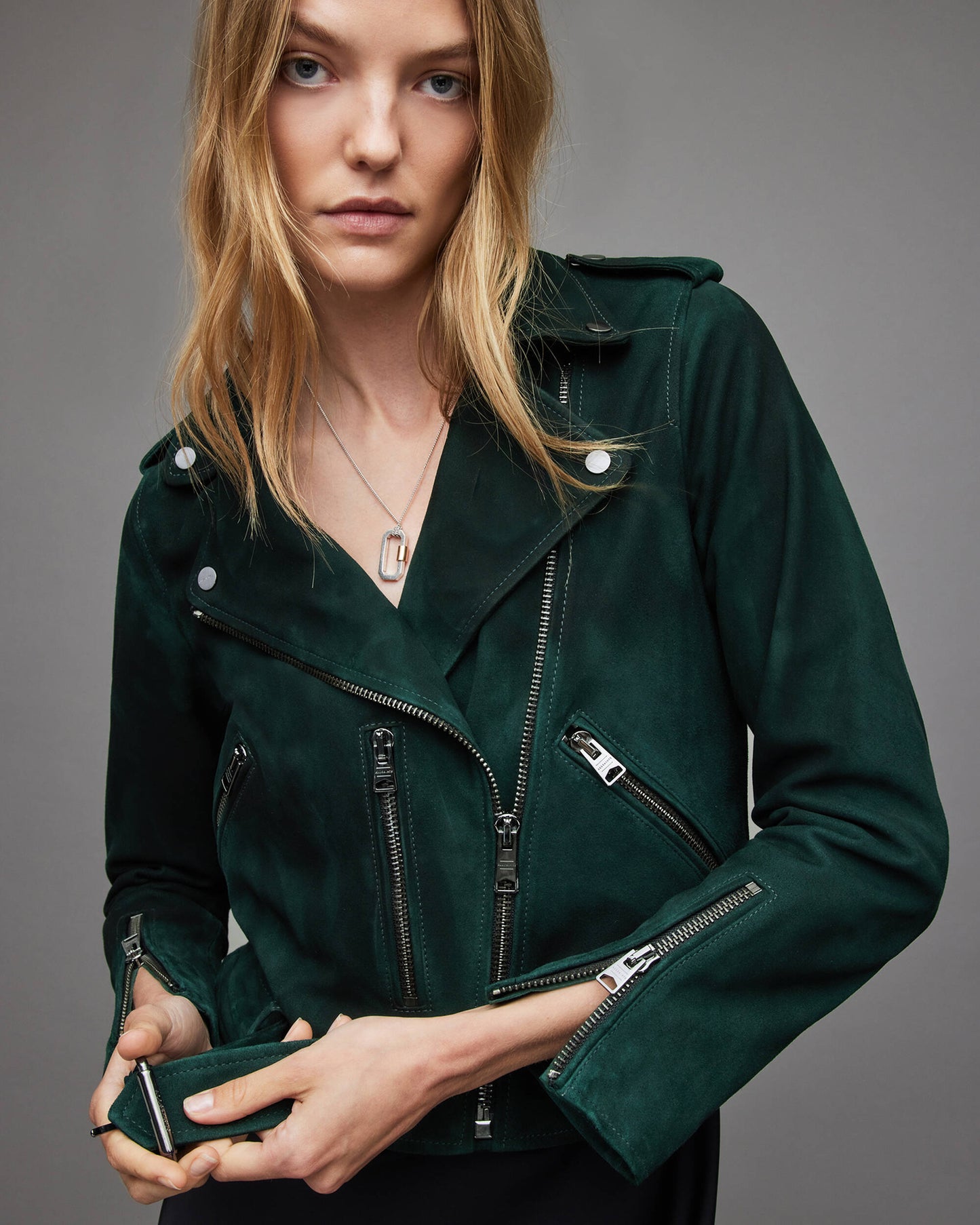 Women's Biker Leather Jacket In Royal Green With Belt